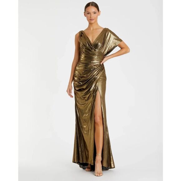 $498 New Ieena for Mac Duggal  Gold Asymmetrical Draped Metallic Trumpet Gown 4 - Picture 1 of 6